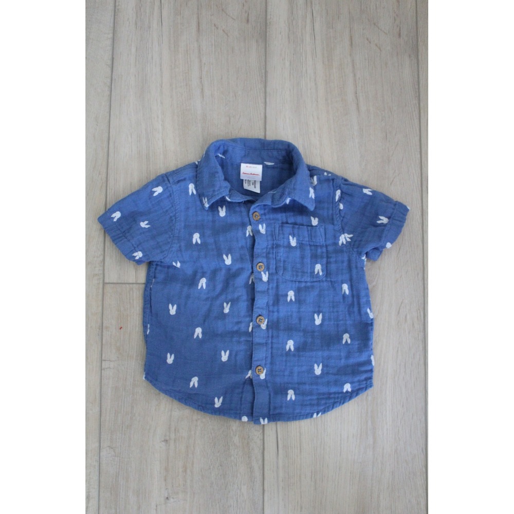 Hanna Andersson Kids Blue Bunny Print‎ Double Gauze Cotton Button Down Shirt 2T